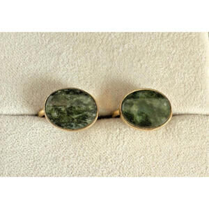 Vintage Bal-Ron 12K GF Nephrite Jade Screw-Back Earrings Green Oval Cabochons